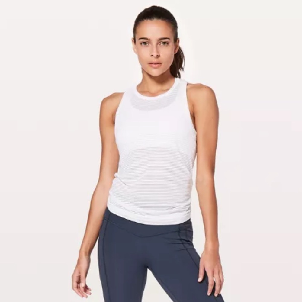 Lululemon Miles Ahead Tank Top Size 10 White Stripe Mesh Tie Back - Picture 10 of 11